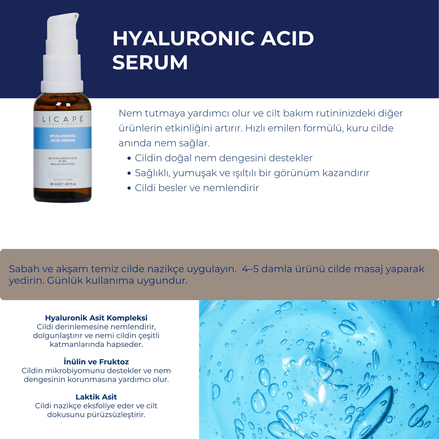 Nemlendirici Aydınlatıcı Dolgunlaştırıcı Hyaluronik Asit Pantenol B5 Peptit Serum