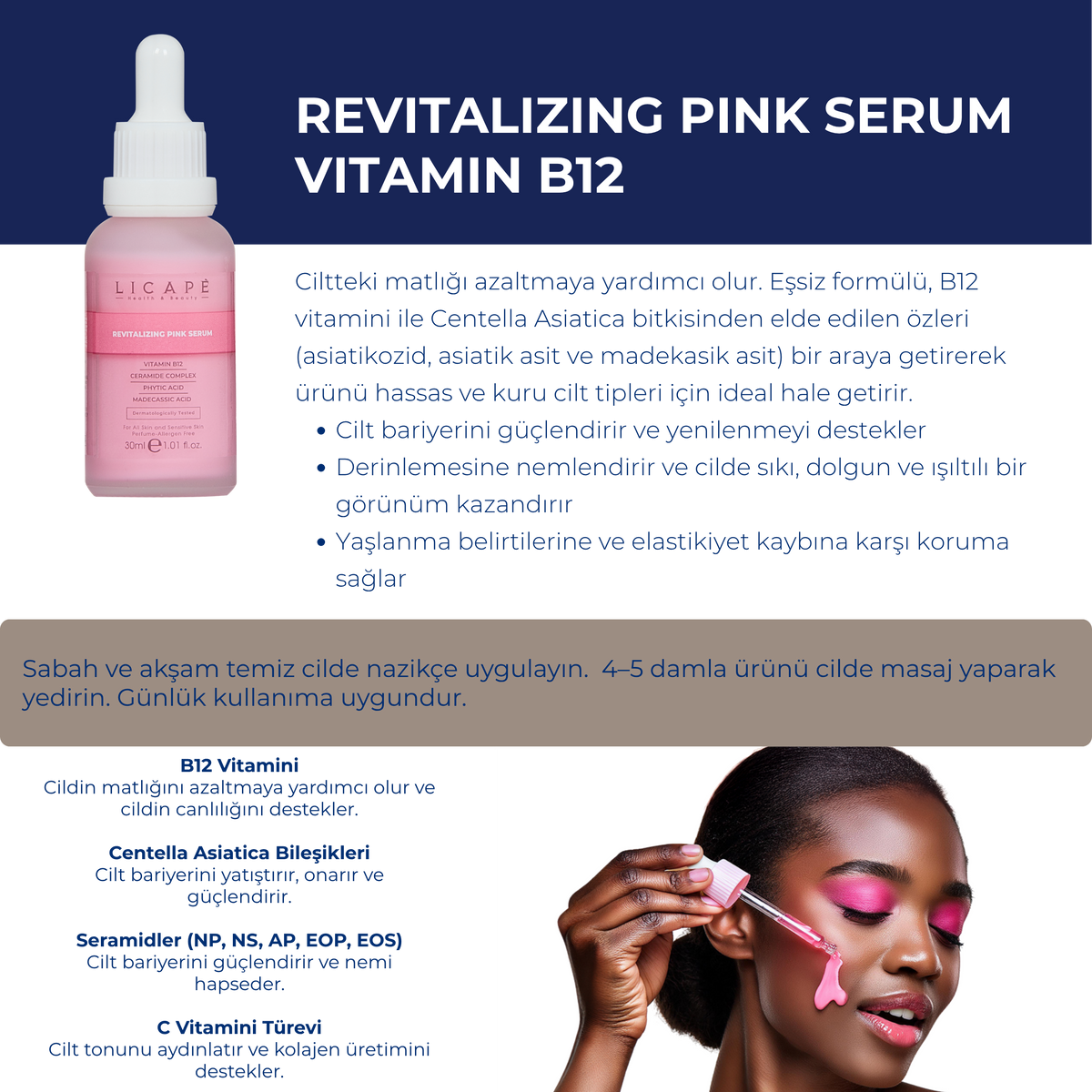 B-12 Revitalizing Aydınlatıcı Bariyer Güçlendirici Nemlendirici Pink Serum 30ml - Licape