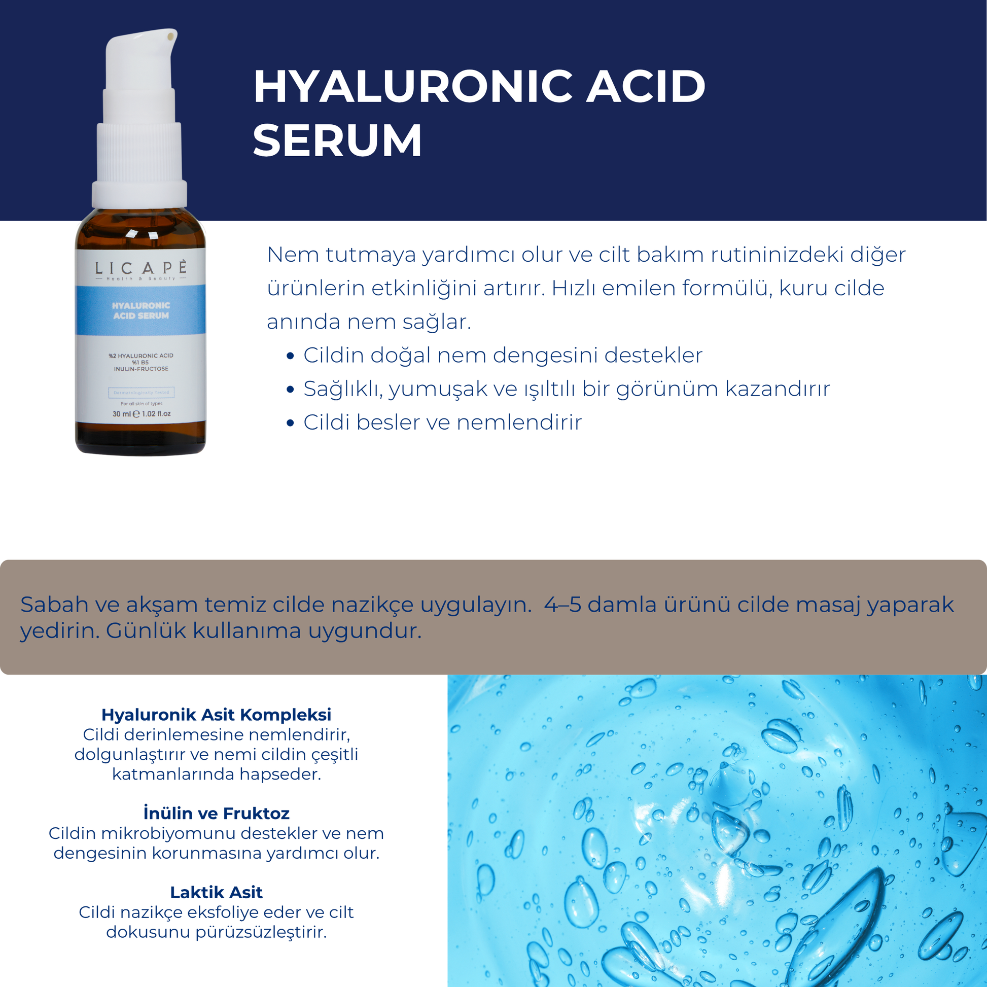 Nemlendirici Aydınlatıcı Dolgunlaştırıcı Hyaluronik Asit Pantenol B5 Peptit Serum