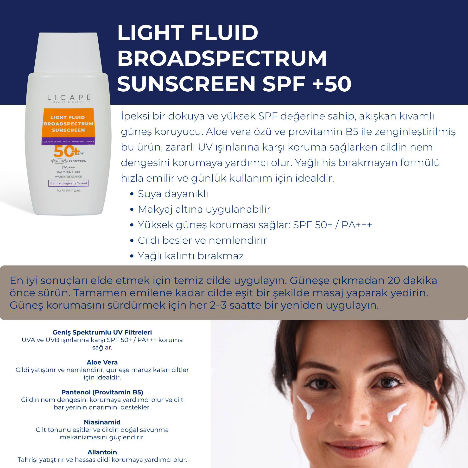Yüksek Koruma Suya Dayanıklı Tüm Cilt Tiplerine Uygun 50 Faktör Likit Güneş Kremi 50 ml