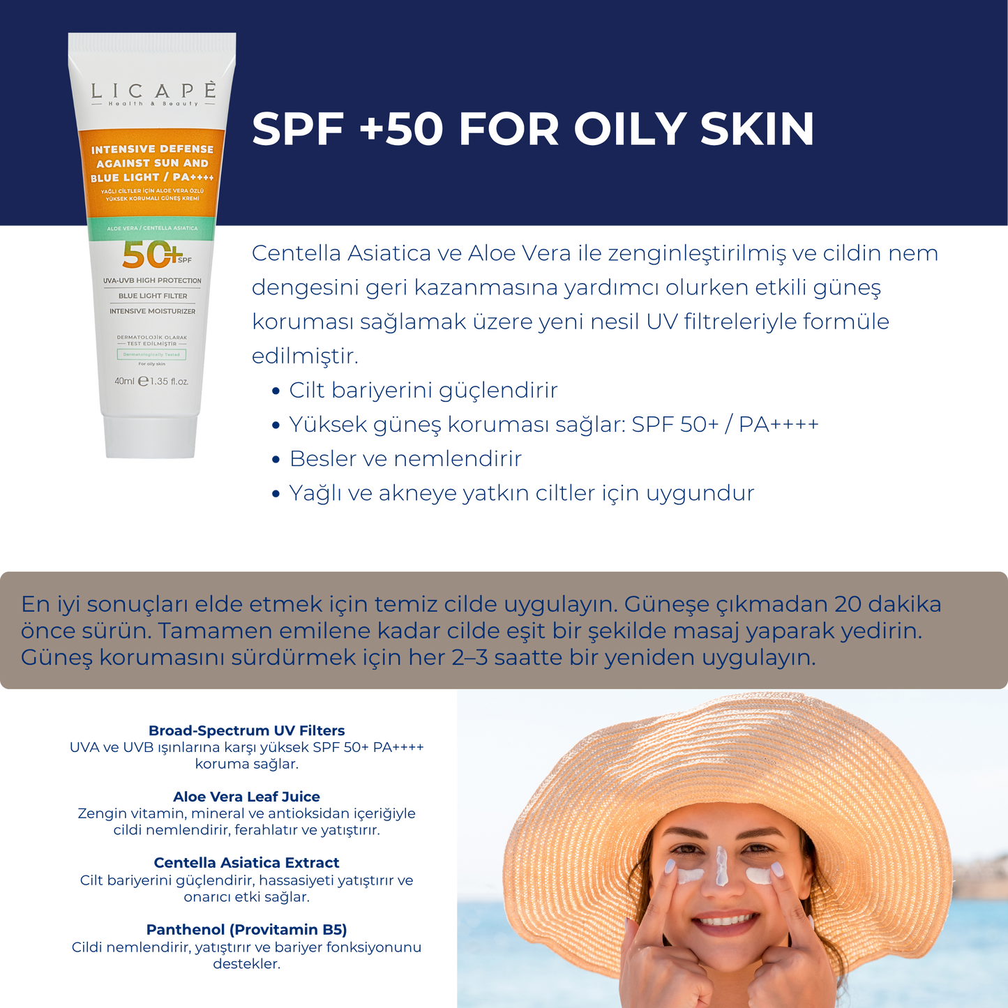 Yağlı Ciltler İçin Aloe Vera Özlü Yüksek Korumalı +50 Faktör Güneş Kremi 40ml