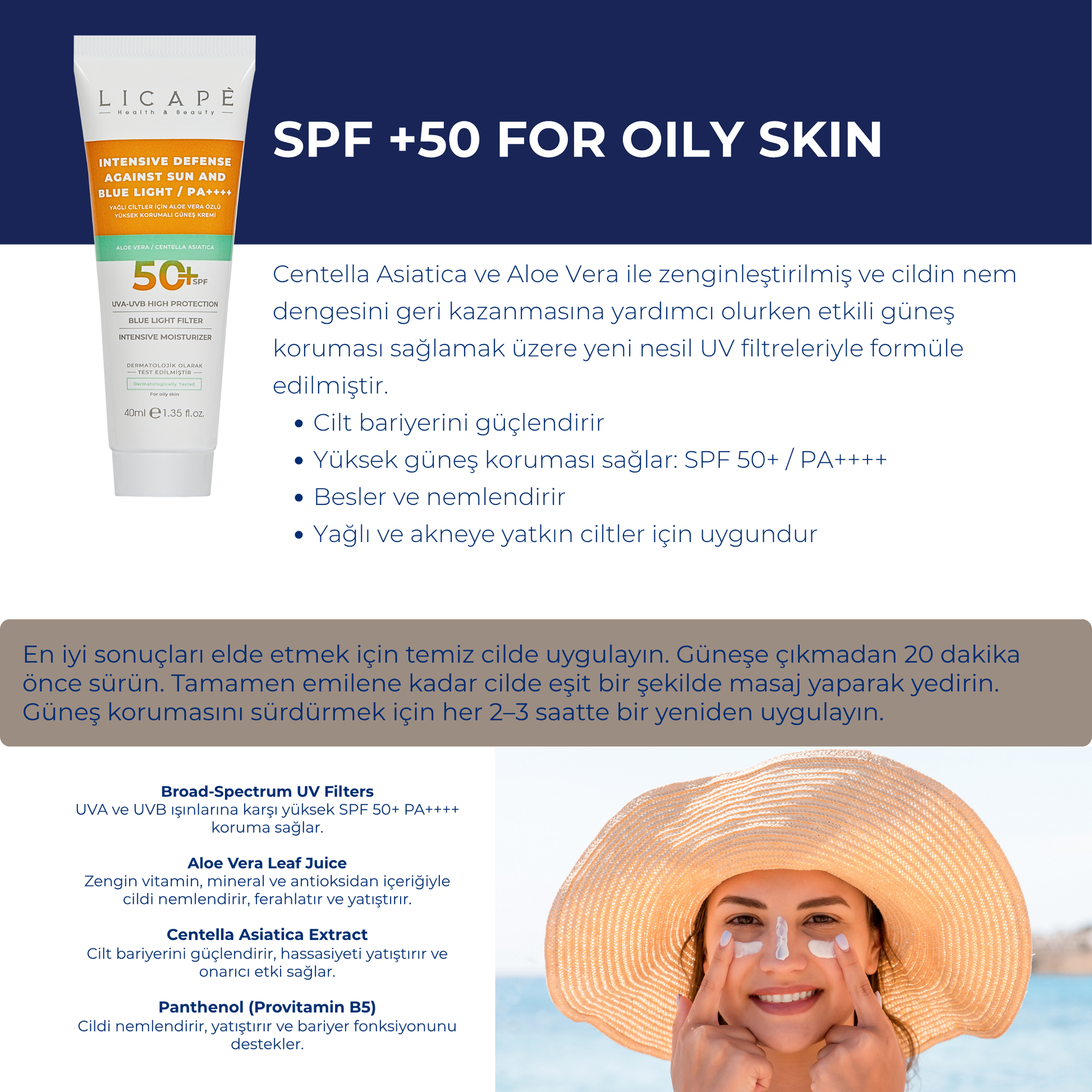 Yağlı Ciltler İçin Aloe Vera Özlü Yüksek Korumalı +50 Faktör Güneş Kremi 40ml